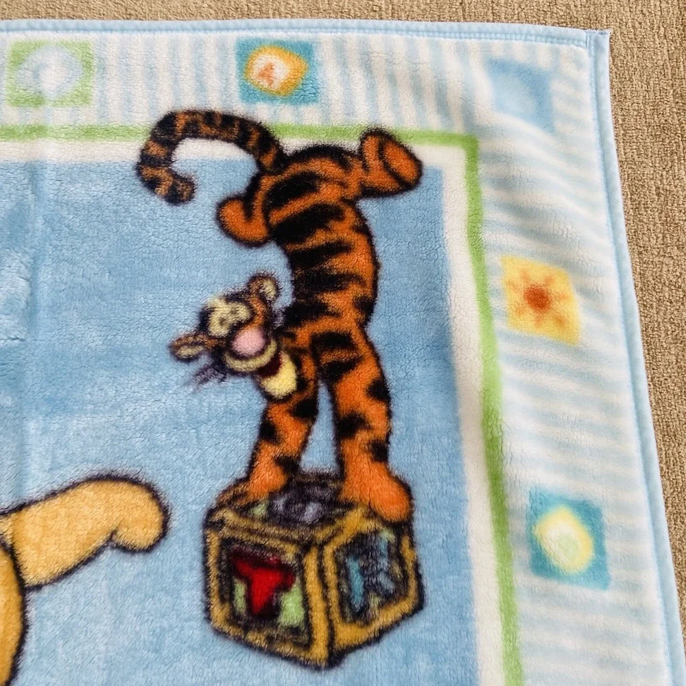Vintage Disney Winnie the Pooh Tigger Blocks Blue Plush Baby Blanket Lovey Minky